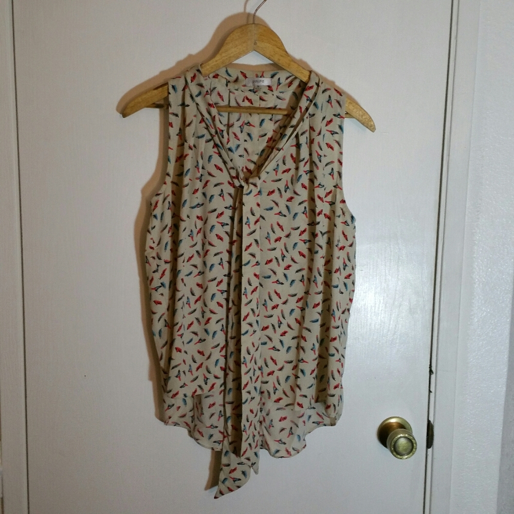 Pripe sleeveless tie feather & bird print blouse